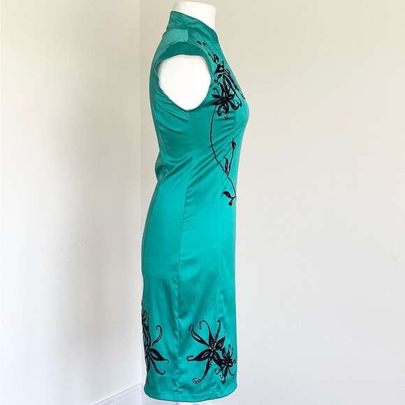 Jane Norman Y2K dress 14 turquoise green satin black embroidered vintage - Picture 3 of 16